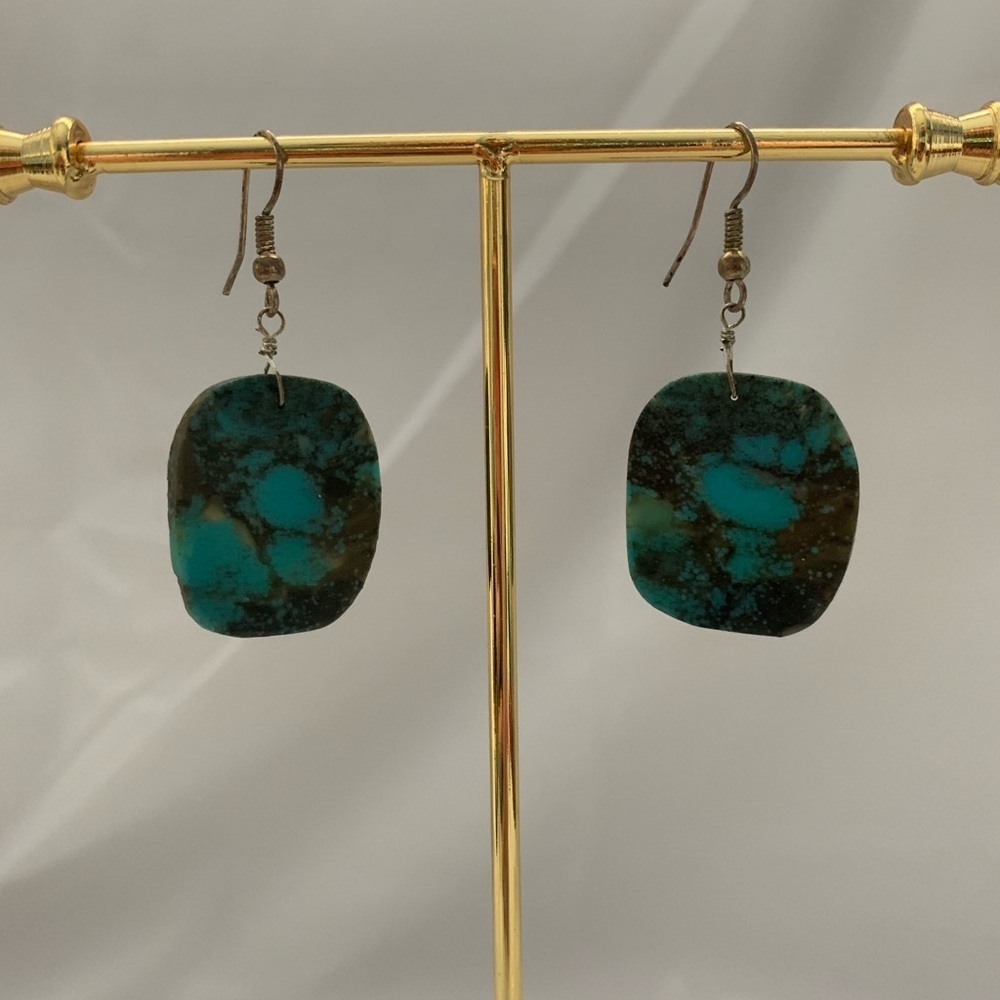 Turquoise & Browns Flat Stone Hook Earrings - Picture 2 of 2